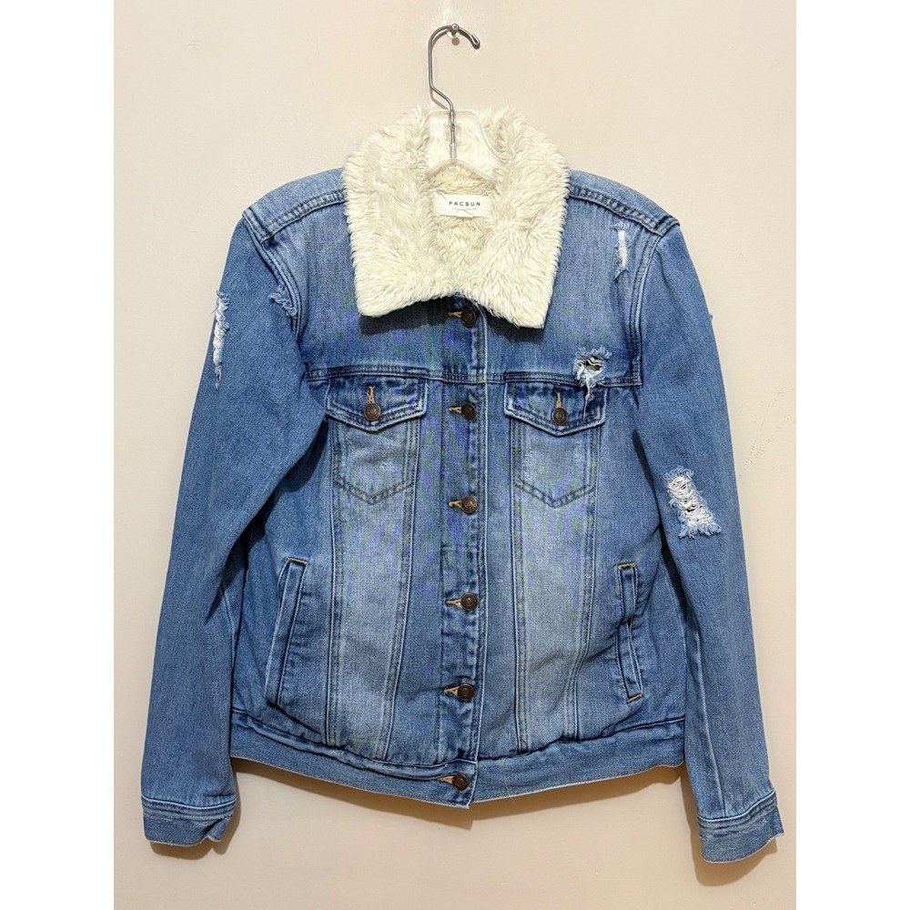 PacSun Womens Distressed Faux Fur Lined Denim Trucker‎ Jacket Medium Wash Blue